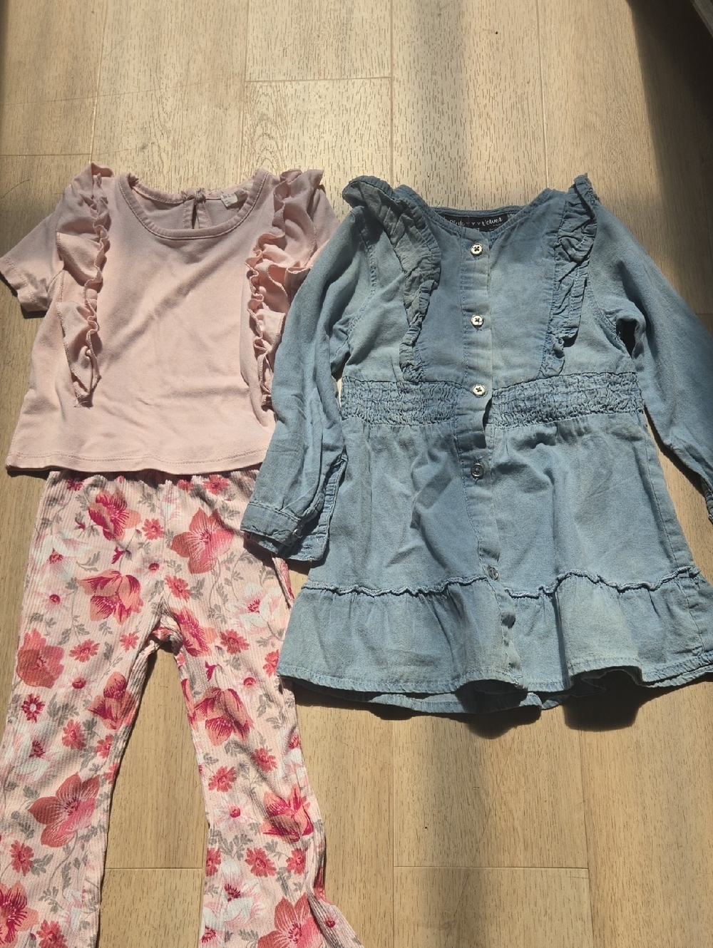 Girls Pink Ruffle Top & Floral Leggings Set with Light Denim Dress